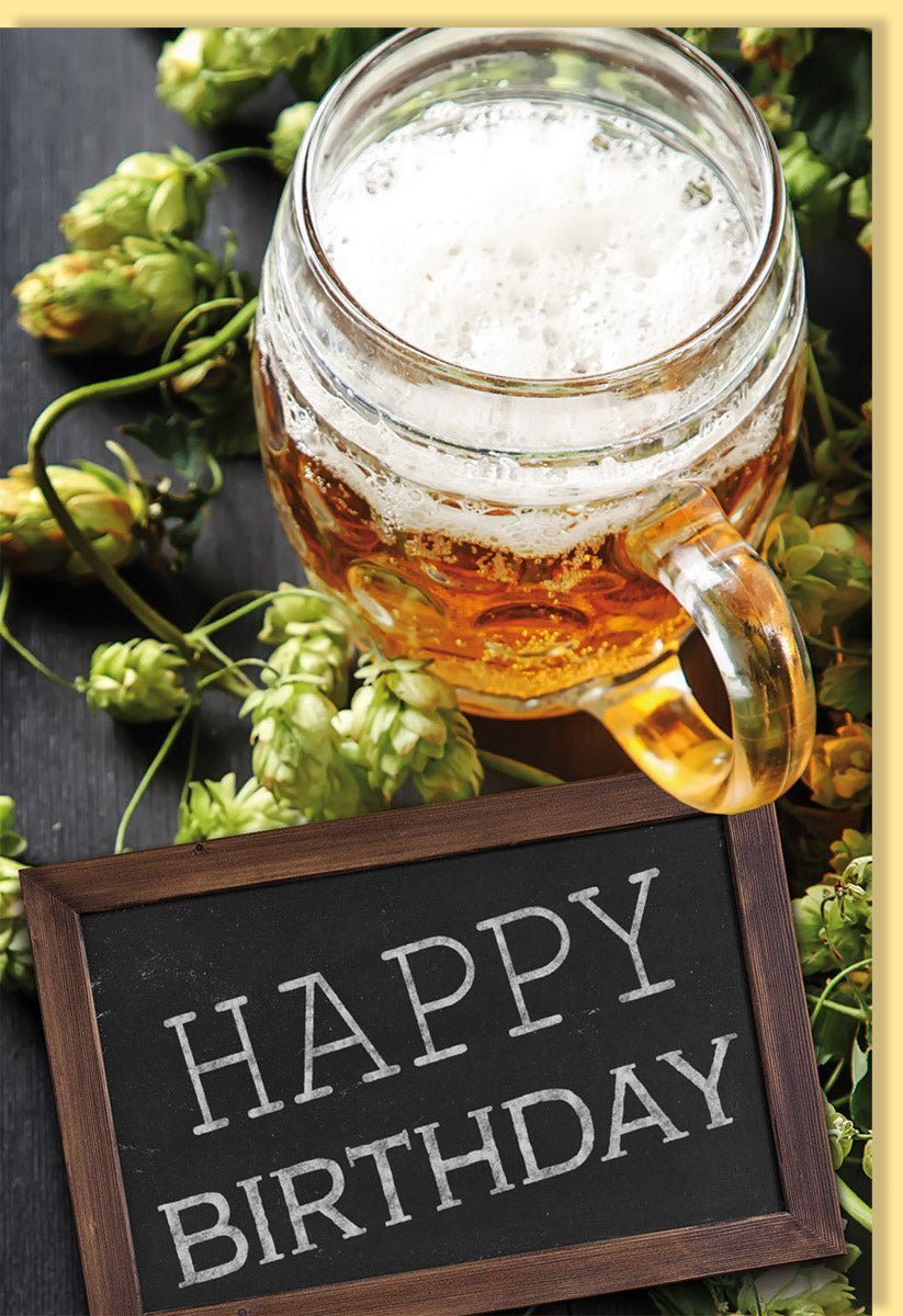 Geburtstagskarte für Männer - Humorvolles Bierglas & Hopfen Design auf Holz, Prost - Motiv in Brauntönen für Bierliebhaber