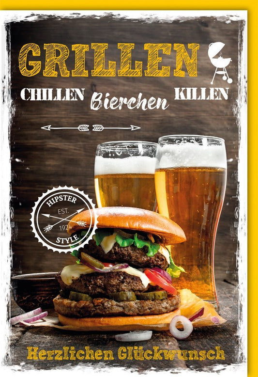 Geburtstagskarte für Männer - Humorvolles Grill & Chill Design mit Hipster Bier und Burger Motiv