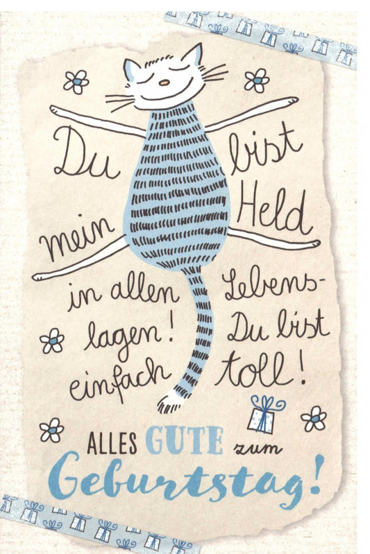 Geburtstagskarte für Männer - Lustige Katze, Held des Alltags, Blaue Schriftzüge, Herzliche Geburtstagsgrüße