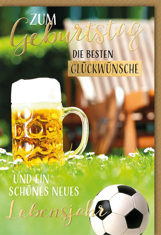 Geburtstagskarte für Männer mit Bierglas und Fußball Motiv originelle Doppelkarte zum Geburtstag Glückwünsche für Fußballfans