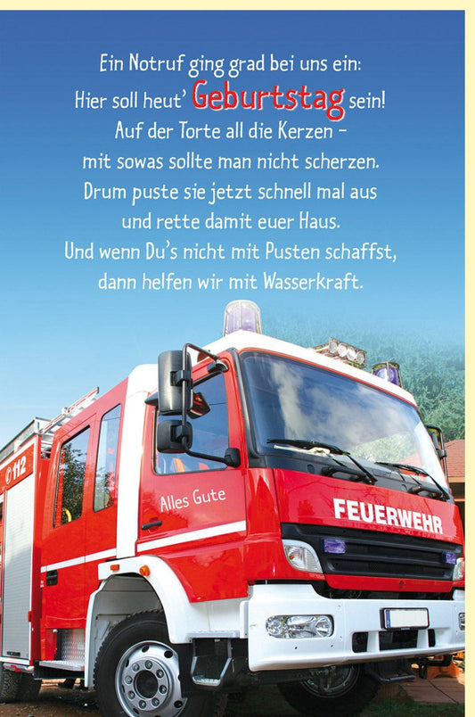 Geburtstagskarte für Männer mit Feuerwehr Motiv lustiger Spruch rote Feuerwehr Auto Doppelkarte für Geburtstagsgrüße originell