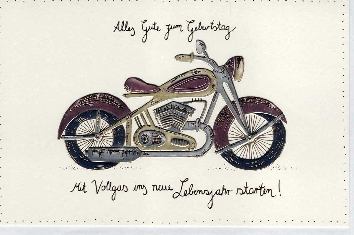 Geburtstagskarte für Männer mit Motorrad Motiv und Schriftzug Alles Gute zum Geburtstag Vollgas ins neue Lebensjahr stilvolle Doppelkarte
