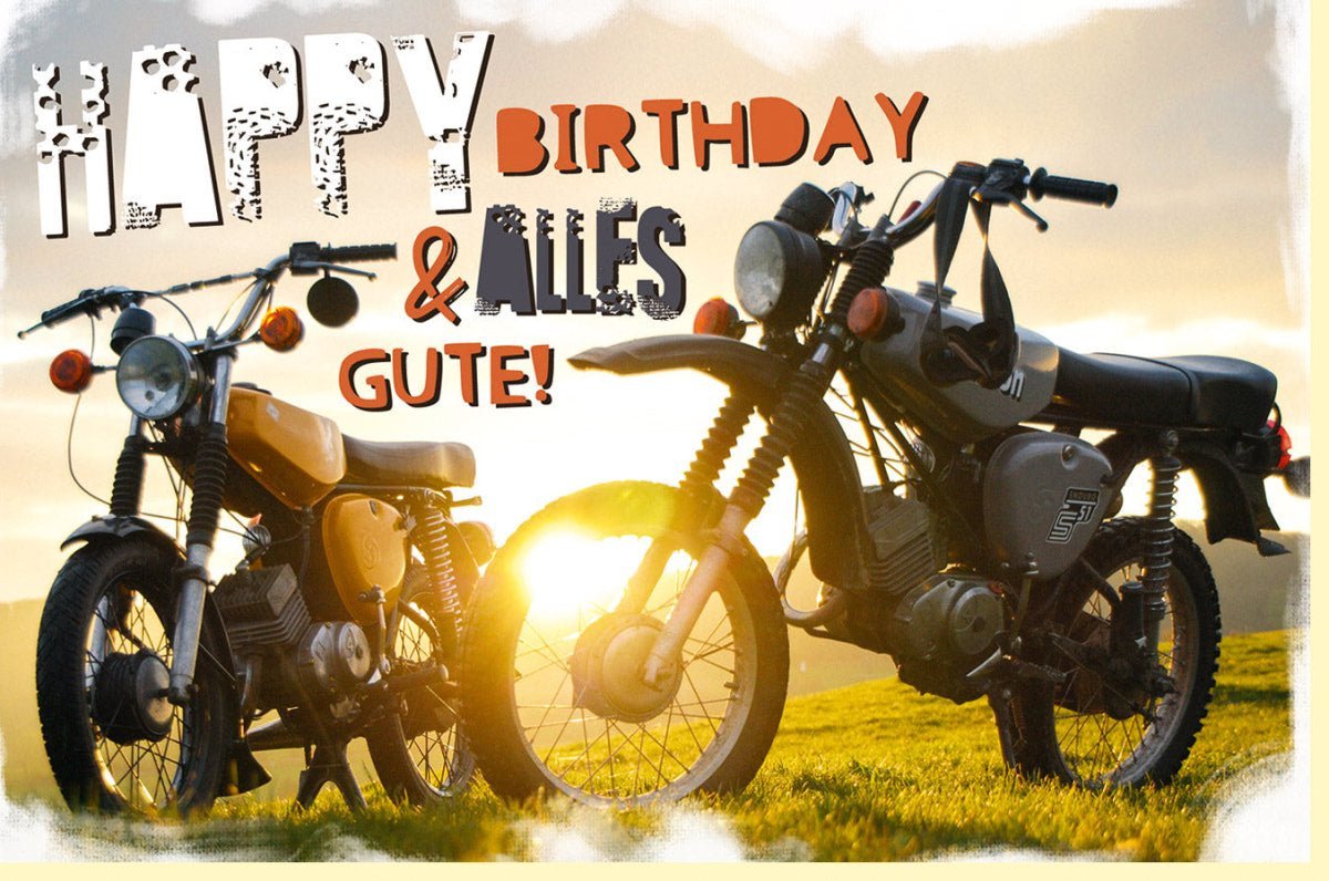 Geburtstagskarte für Männer - Retro Motorrad auf Wiese, Abenteuer & Freiheit Design