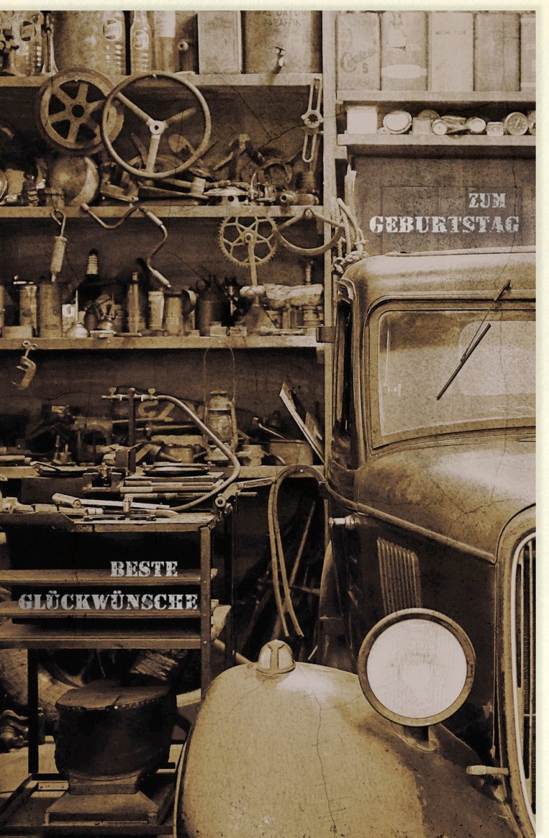 Geburtstagskarte für Männer - Retro Oldtimer mit Werkzeug - Design, Sepia - Stil und Silberfolie für Auto - Enthusiasten und Bastler
