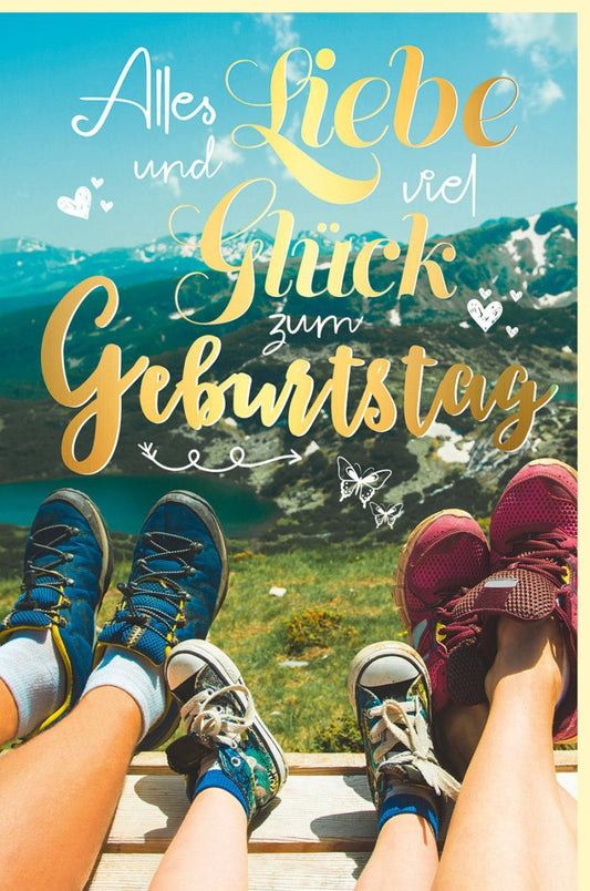 Geburtstagskarte für Naturfreunde - Berglandschaft mit Goldeffekt, Outdoor Abenteuer Design in Blau & Grün, Perfekt für Erwachsene und Jugendliche