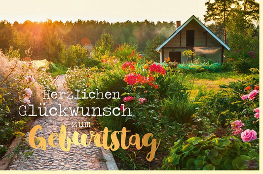 Geburtstagskarte für Naturliebhaber: Elegantes Design mit Goldfolie, Blumen & Sonnenuntergang - Perfekt für Gärtner und Senioren