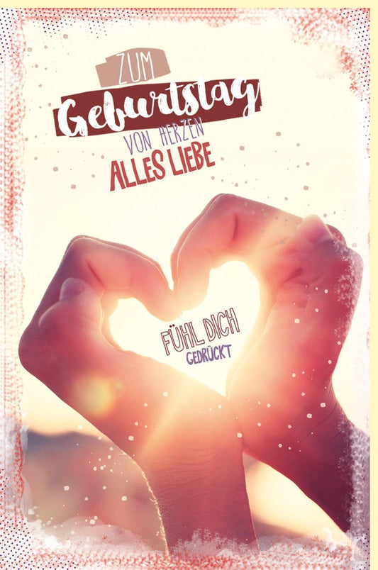 Geburtstagskarte für Partner: Herz & Hände Motiv, Liebevolle Momente in Rosa & Rot, Sonnenuntergang für Verliebte