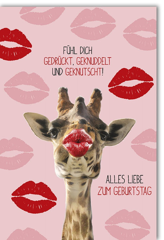 Geburtstagskarte für Partner - Humorvolle Giraffenkarte von Dominique La Vida, Kussmund Design, Liebevolle Geburtstagsgrüße