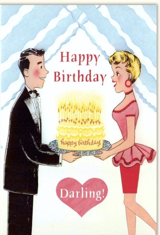 Geburtstagskarte für Partner - Romantische Vintage Illustration "Happy Birthday Darling" mit Liebevollem Cartoon Paar und Kuchenmotiv