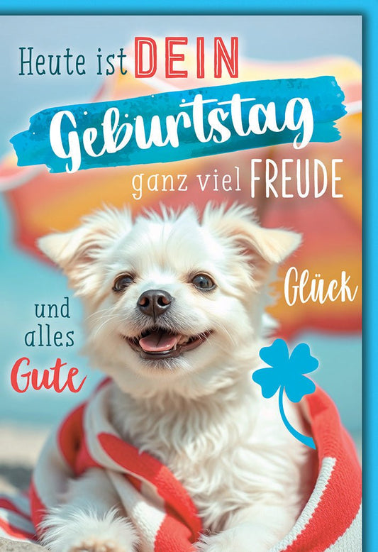 Geburtstagskarte für Tierfreunde – Fröhlicher Hund am Strand mit buntem Sonnenschirm
