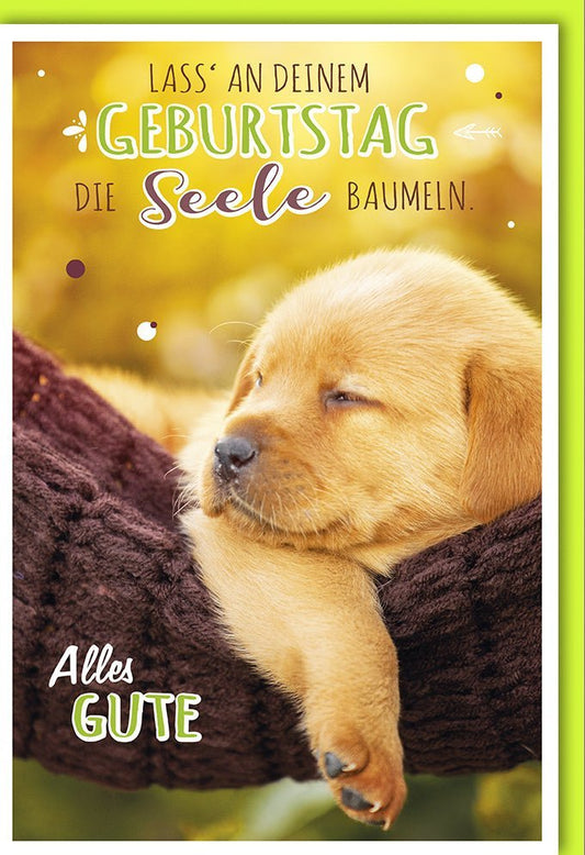 Geburtstagskarte für Tierliebhaber: Gelber Hund, Natur & Entspannung – Handgeschriebenes Wohlfühl - Design