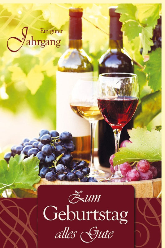 Geburtstagskarte für Weinliebhaber - Stilvolle Karte mit Weingläsern & Traubenmotiv in Bordeauxrot, Perfekt für Rot - und Weißweinfreunde