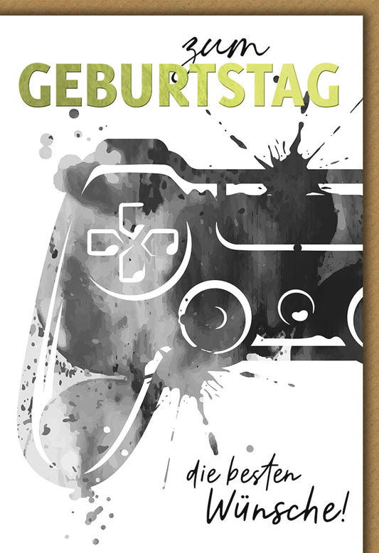 Geburtstagskarte Gamer – Aquarell-Controller mit dynamischem Spritz-Effekt