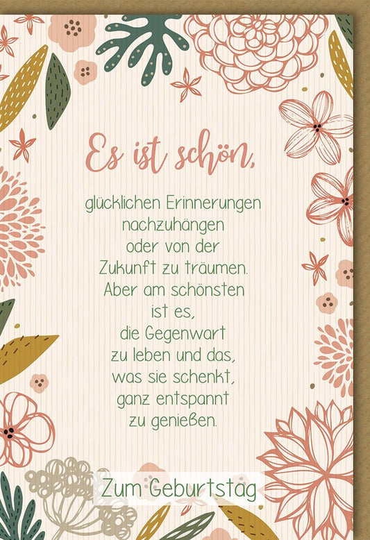 Geburtstagskarte "Genieße Gegenwart & Zukunft" - Handgeschriebener Spruch, Florale Muster in Beige, Rot & Grün - Neutrales Design für unvergessliche Momente