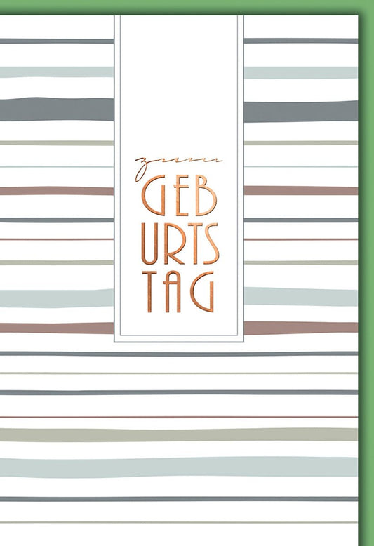 Geburtstagskarte Geschäftlich – Elegante Streifen mit Kupfer - Schrift auf Weiß