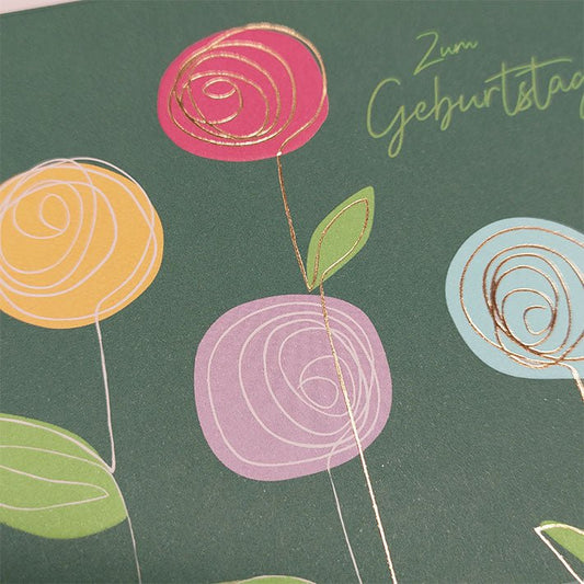 Geburtstagskarte geschäftlich mit bunten Blumen modern illustriert auf grünem Hintergrund stilvolle Doppelkarte zum Geburtstag