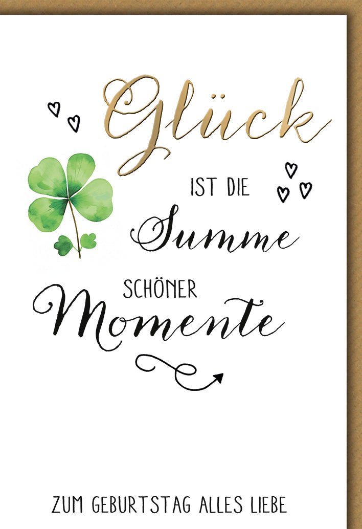 Geburtstagskarte Glückwünsche – Aquarell Kleeblatt mit kalligrafischem Zitat