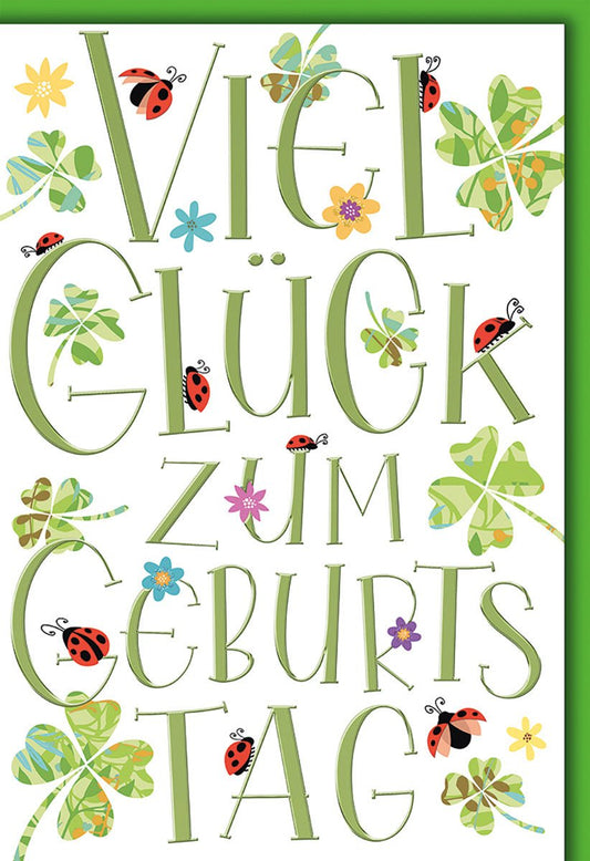 Geburtstagskarte Glückwünsche – Kleeblätter und Marienkäfer in fröhlichem Design