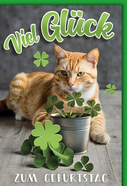 Geburtstagskarte Glückwünsche – Rote Katze mit Kleeblatt und modernem Design