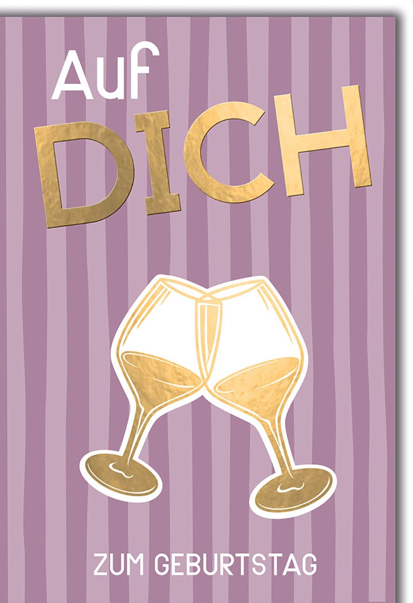 Geburtstagskarte – Goldene Sektgläser auf Lila Streifen mit modernem Schriftzug