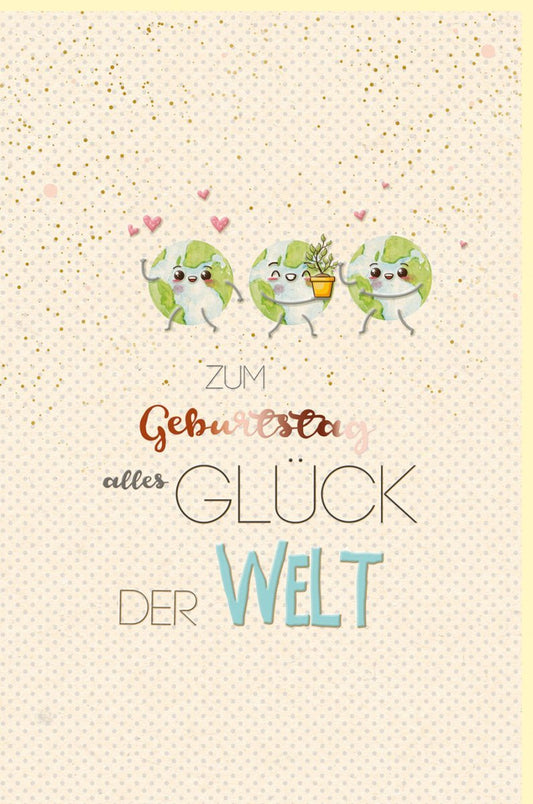 Geburtstagskarte Green Line: Weltkugel - Design auf Zuckerrohrpapier, Herzchen & Pflanzentopf - Motiv für Erwachsene und Jugendliche, Naturtöne Grün & Beige