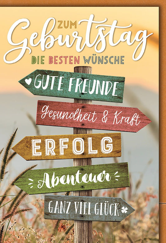 Geburtstagskarte Gute Wünsche – Wegweiser mit Naturhintergrund und rustikalem Charme