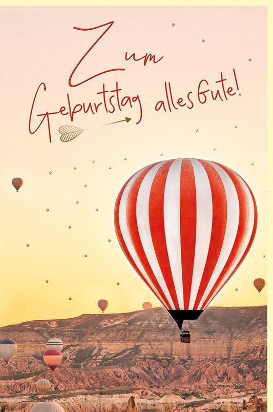 Geburtstagskarte Heißluftballon mit Schriftzug Zum Geburtstag alles Gute farbenfrohe Glückwunschkarte für Geburtstagsgrüße
