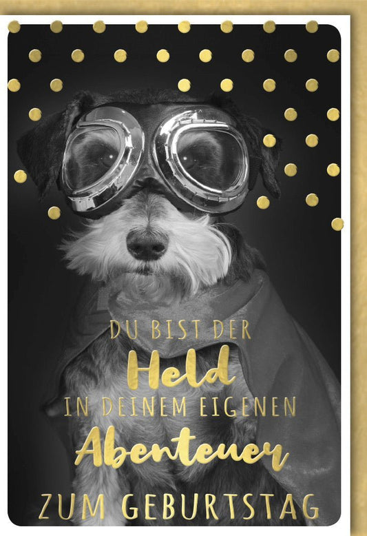 Geburtstagskarte Heldenhund: Humorvolle Abenteuergrüße mit tierischem Charme für unvergessliche Partymomente