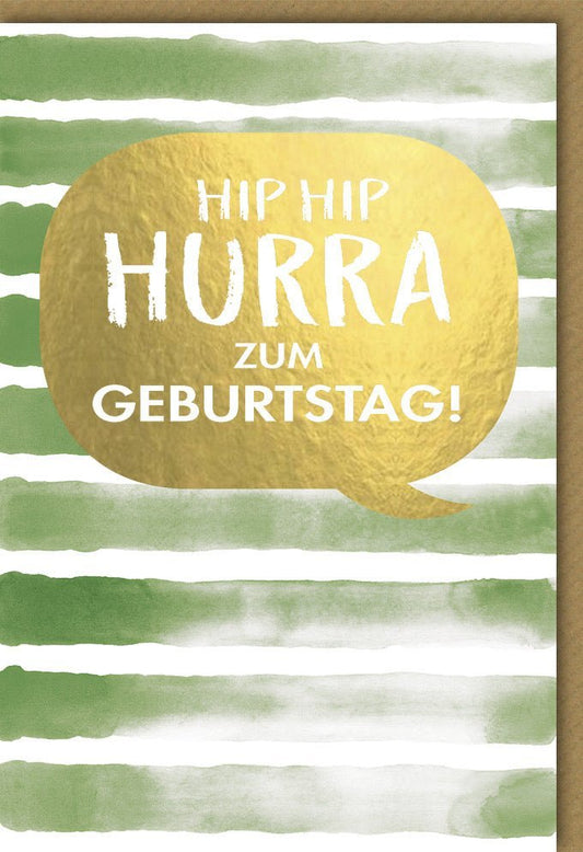 Geburtstagskarte "HipHipHurra" - Stilvolle Glückwünsche in Grün & Gold mit Sprechblasen - Design für Geburtstagsfeiern