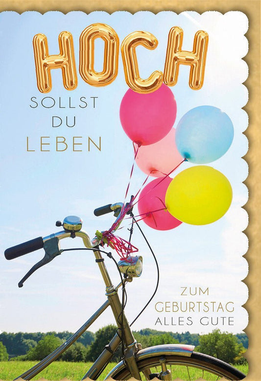 Geburtstagskarte "Hoch sollst du leben" – Fröhliche Ballons, Fahrrad & Natur für unvergessliche Glückwünsche