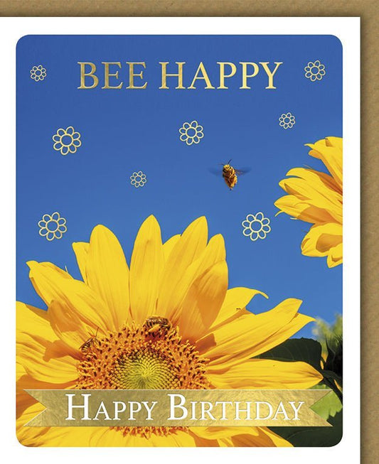 Geburtstagskarte – Humorvolle Bienen & Sonnenblumen Karte mit "Bee Happy" Wortspiel, Sommerliches Naturdesign für fröhliche Feiern