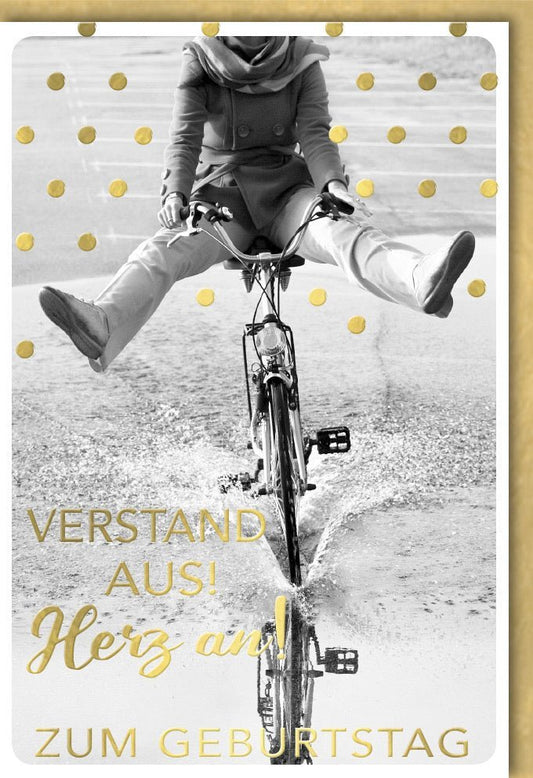 Geburtstagskarte: Humorvolle Fahrrad - Glückwünsche mit Gold - Konfetti und witzigem Spruch