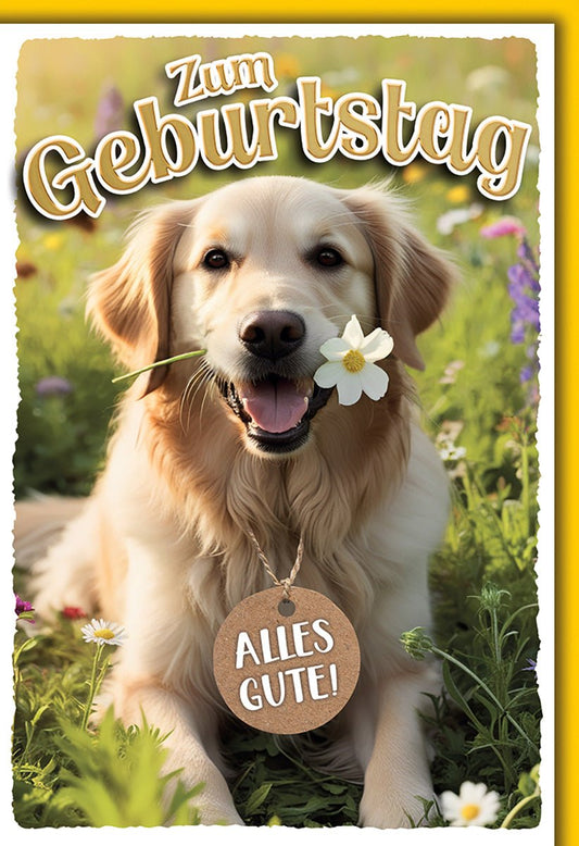 Geburtstagskarte Hunde – Fröhlicher Golden Retriever mit Blume und Naturmotiv