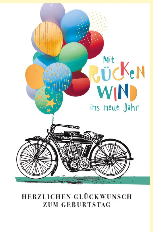 Geburtstagskarte im Motorrad - Stil mit goldenen Akzenten & Ballons - Vintage Design auf Naturkarton für bunte Glückwünsche