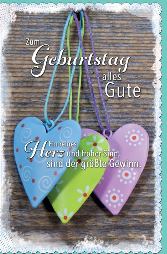 Geburtstagskarte in Holzoptik mit Herzanhänger - Farbenfrohe Glückwünsche voller Liebe