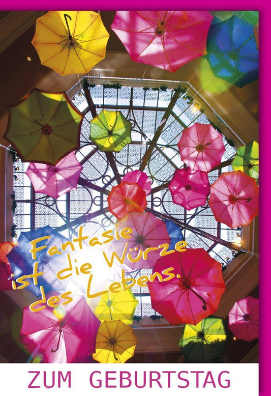 Geburtstagskarte Jubiläum - Bunte Schirme, Fantasievolles Design voller Lebensfreude & Optimismus, Kreativer Gruß für Festliche Anlässe