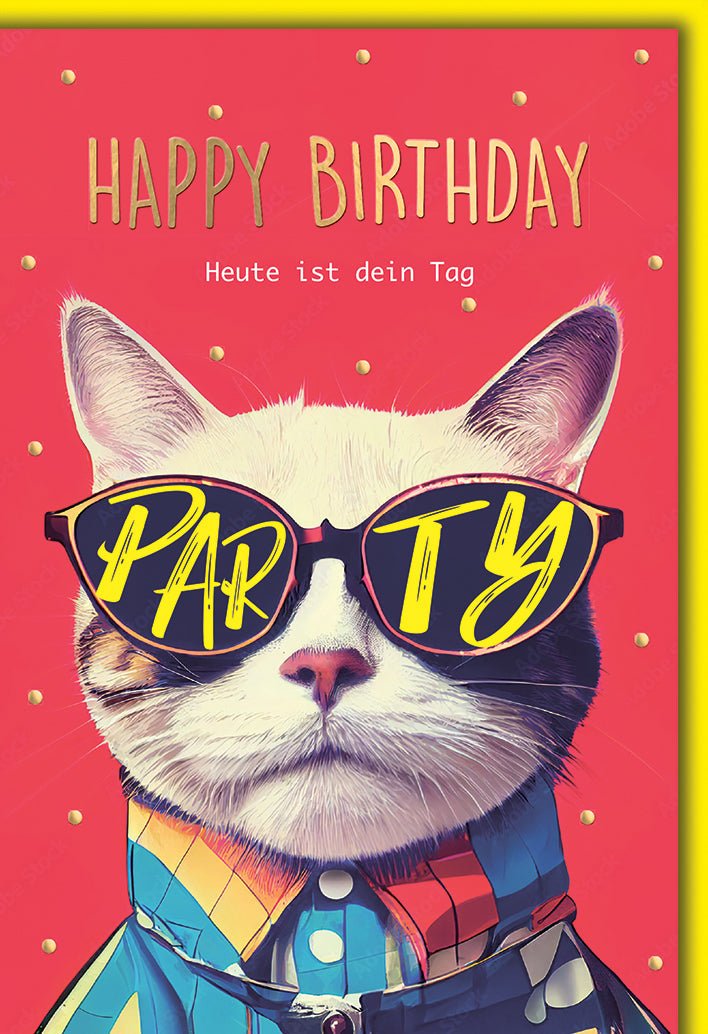 Geburtstagskarte Katzenliebhaber – Stylische Katze mit Sonnenbrille und Party - Motiv