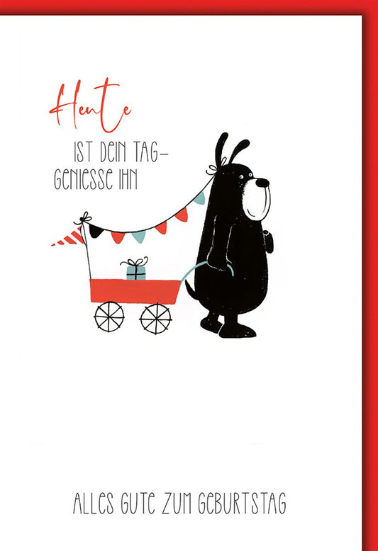 Geburtstagskarte Kinder – Bär mit Wagen und fröhlichem Spruch in Rot - Schwarz