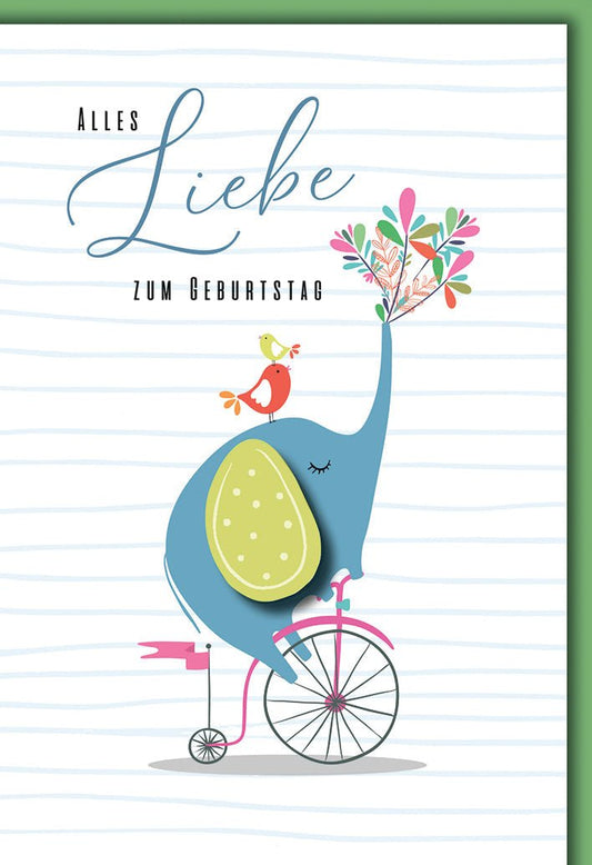 Geburtstagskarte Kinder – Blauer Elefant auf Fahrrad mit buntem Vogel und Herzbaum