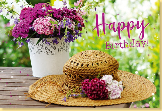 Geburtstagskarte Kinder Blumenstrauß Strohhut Happy Birthday bunt ideal Mädchen Jungen
