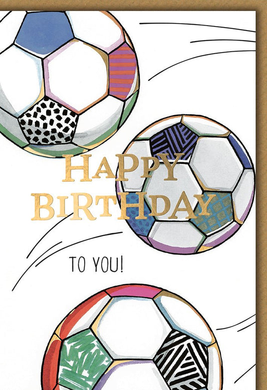 Geburtstagskarte Kinder – Bunte Fußbälle mit Goldschrift und dynamischem Design