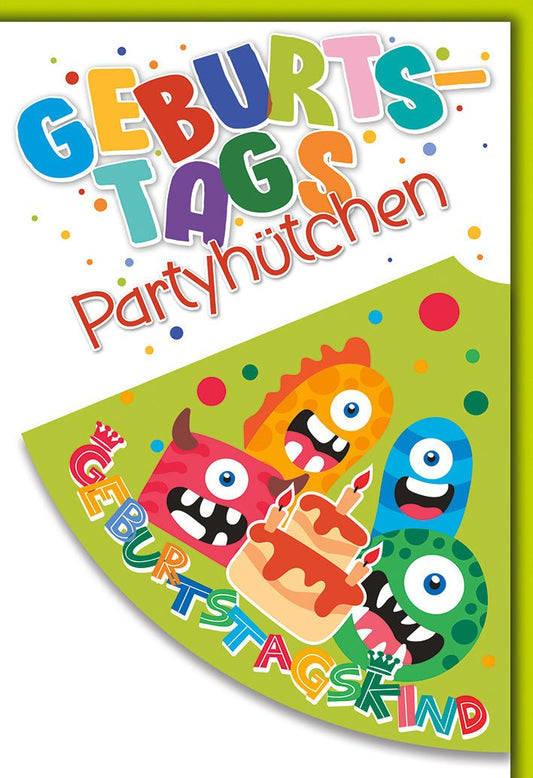 Geburtstagskarte Kinder – Bunte Monster mit Partyhütchen und Konfetti - Design