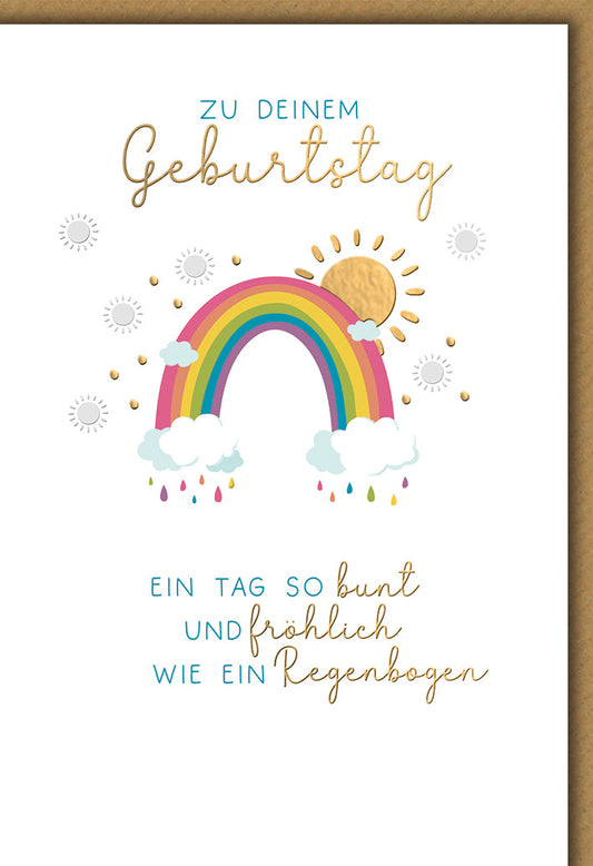 Geburtstagskarte Kinder – Regenbogen mit Sonne und fröhlichem Spruch in Pastellfarben
