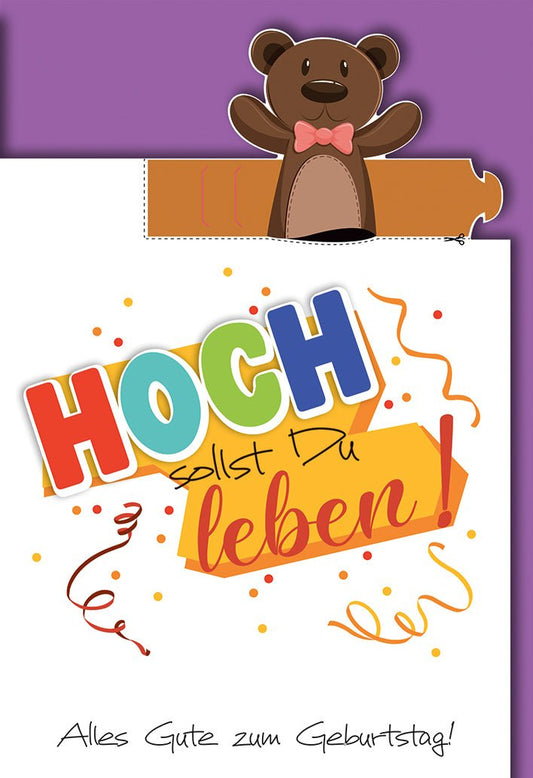 Geburtstagskarte Kinder – Bunter Teddybär mit Konfetti und fröhlichem Schriftzug