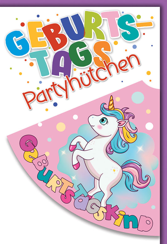 Geburtstagskarte Kinder – Buntes Einhorn mit Partyhütchen und Regenbogenfarben