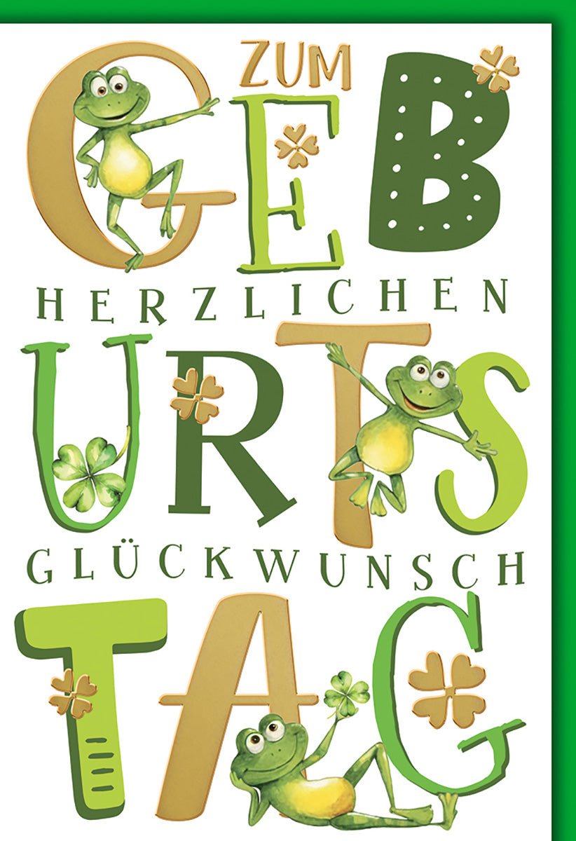 Geburtstagskarte Kinder – Fröhliche Frösche mit Kleeblättern in buntem Design