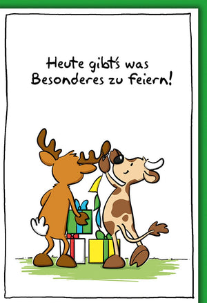 Geburtstagskarte Kinder – Fröhliche Tiere mit Geschenken und grünem Rand