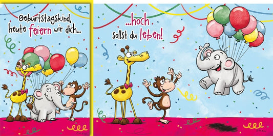 Geburtstagskarte Kinder – Fröhliche Tiere mit Luftballons und buntem Konfetti - Design