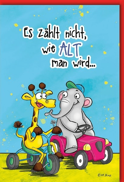 Geburtstagskarte Kinder – Giraffe und Elefant auf Fahrzeugen mit lustigem Spruch