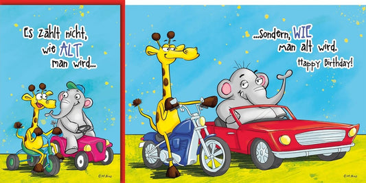 Geburtstagskarte Kinder – Giraffe und Elefant auf Fahrzeugen mit lustigem Spruch